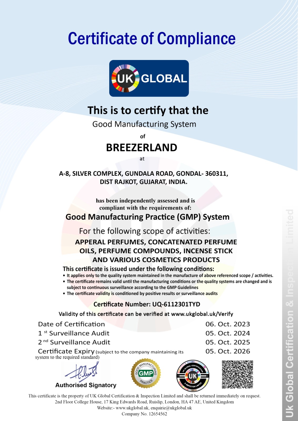 GMP Certificate of Compliance – Breezerland